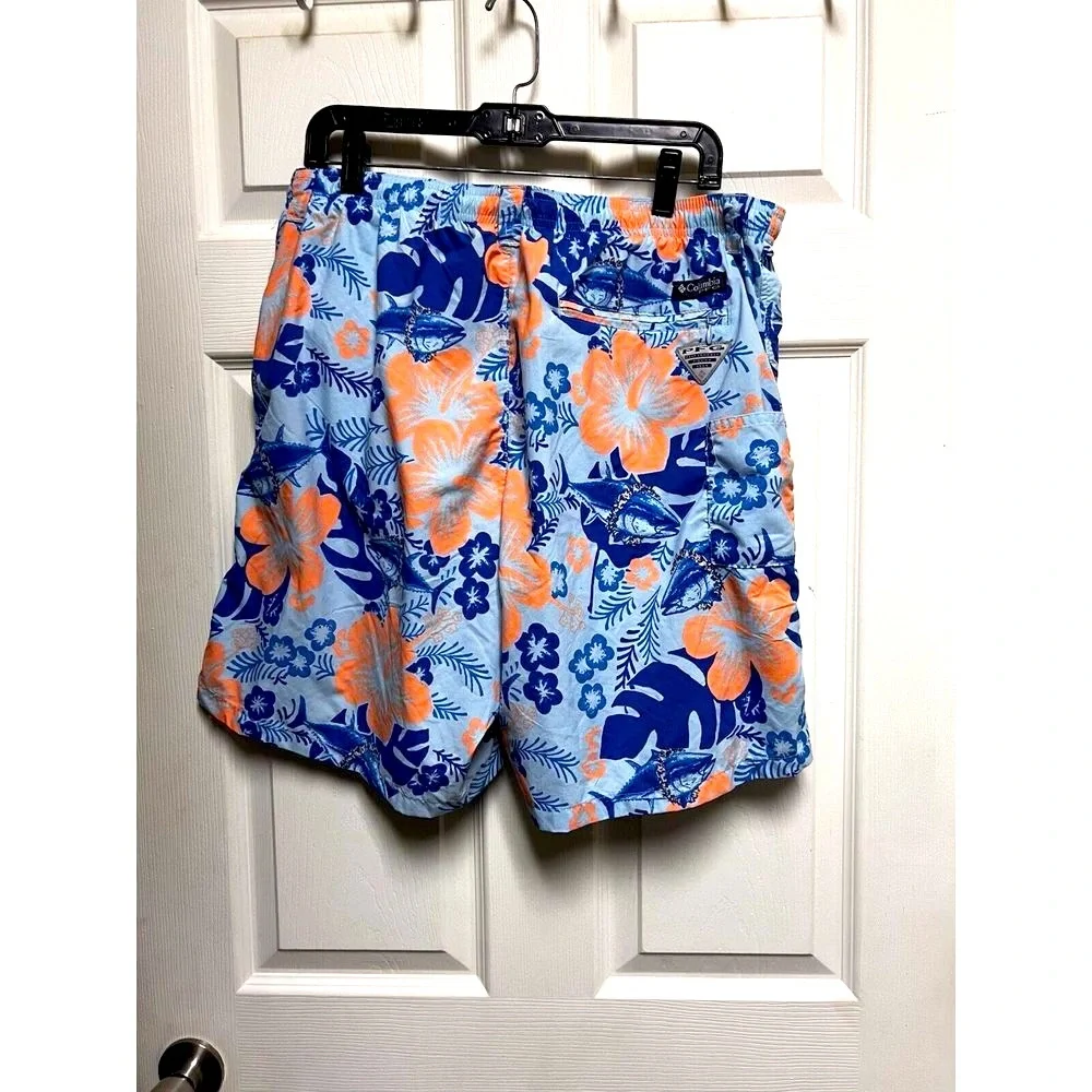 Columbia PFG Mens Large Blue Orange Floral Marlin Swim Trunks‎ Fishing Shorts